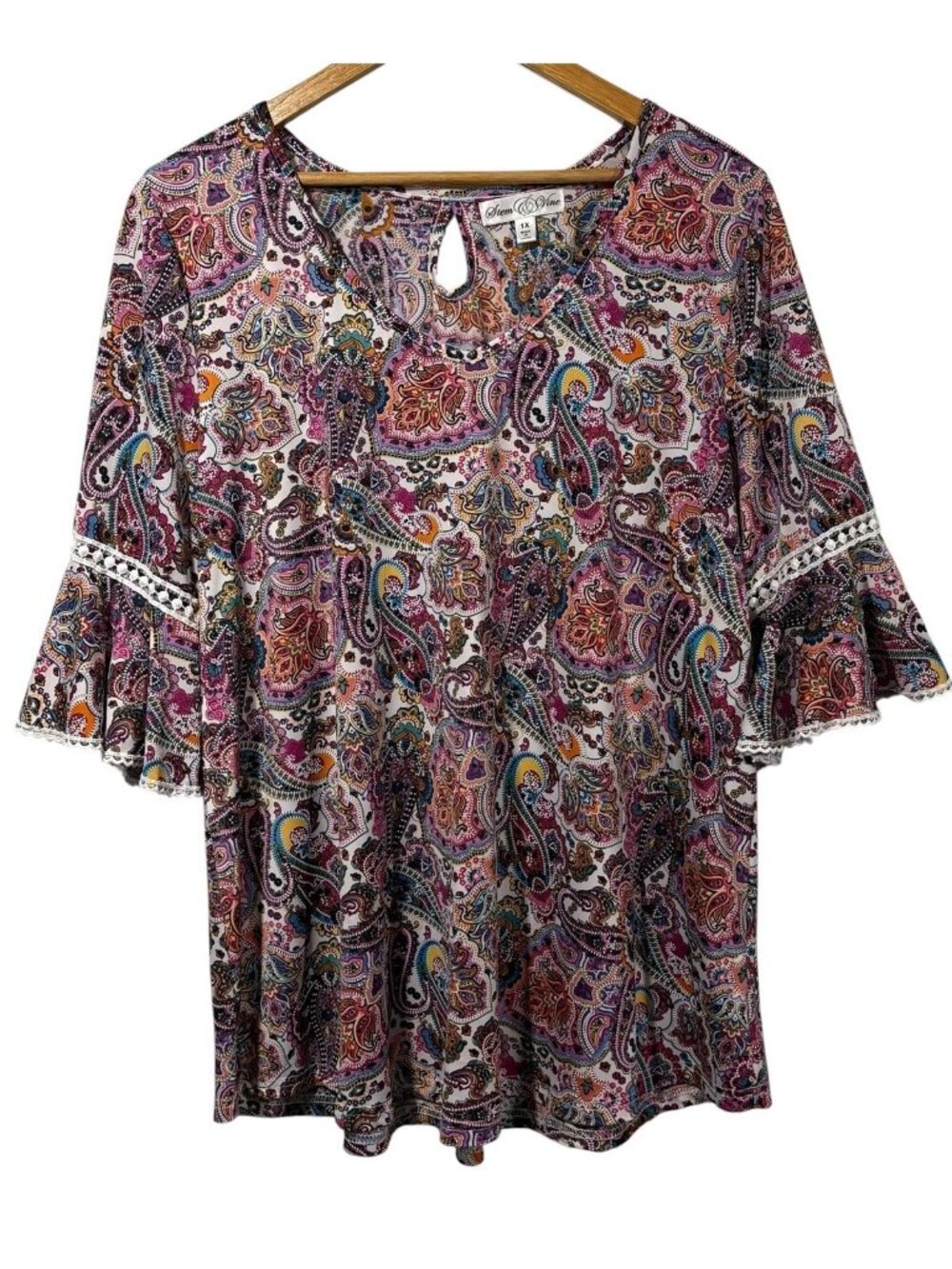 Stem & Vine Slinky Multicolor Paisley Top Bell Sleeves Sz 1X Flowy Boho Artsy